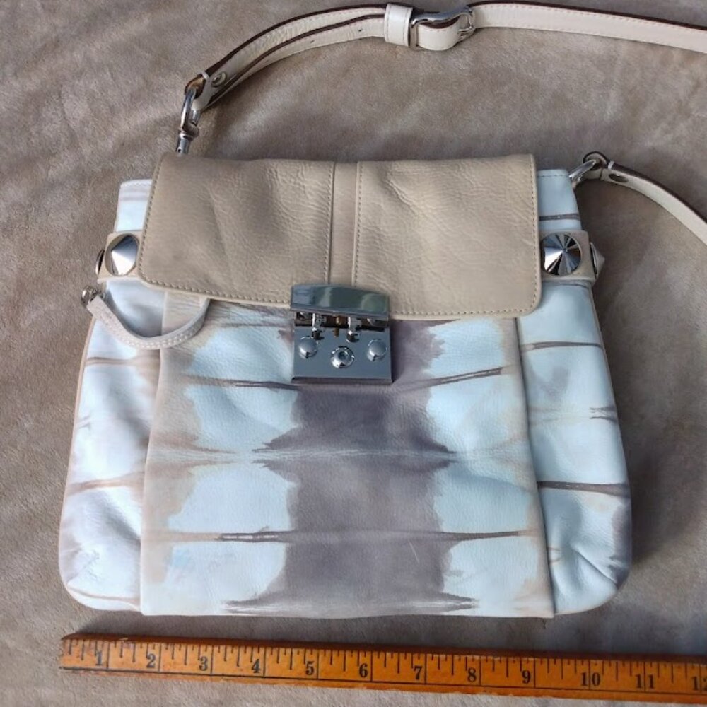 Women's Leather & Suede Shoulder Handbag Beige Cream Studded Neutral FLAWS - Picture 9 of 16
